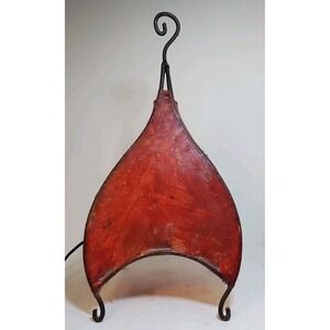 Vintage Pig Skin Table Lamp Iron Accent Light Spanish Red Leather Scroll Bedside